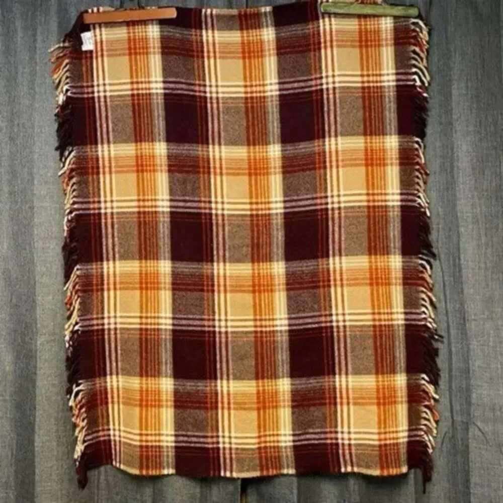 Vintage Faribault‎ Plaid Throw Blanket Brown Orange Fringe Cabin Decor